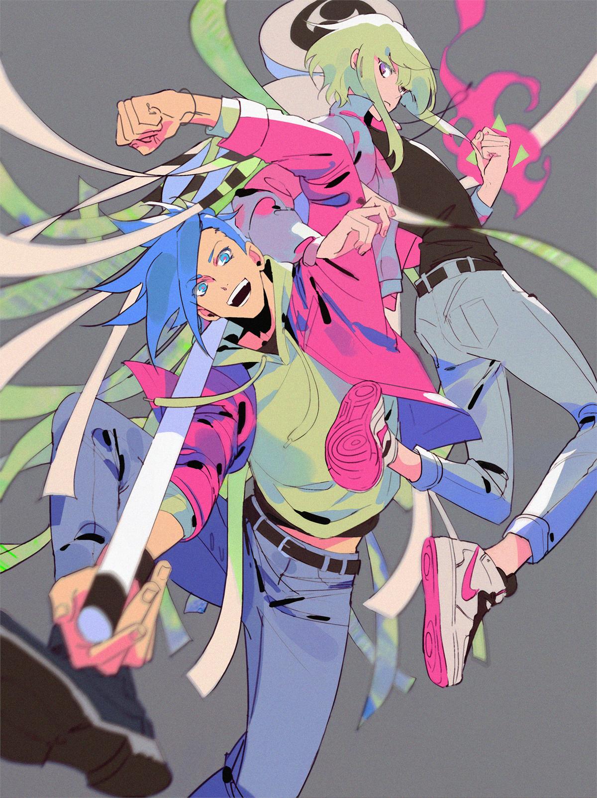 2boys, belt, blue_eyes, blue_hair, casual, chenalii, clenched_hand, denim