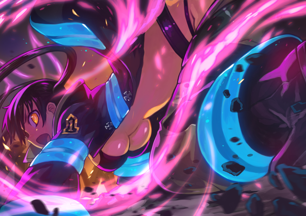 1girl, bikini, black_bikini, black_hair, breasts, debris, en'en_no_shouboutai, fire, firefighter, glowing, jacket, medium_breasts, open_clothes, open_jacket, open_mouth, orange_eyes, pants, rumie, solo, swimsuit, tamaki_kotatsu, twintails, under_boob
