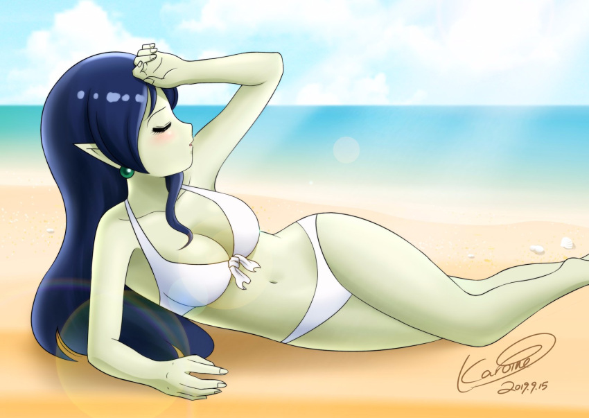beach, blue_hair, breasts, closed_eyes, demon_girl, dragon_ball, dragon_ball_heroes, earrings