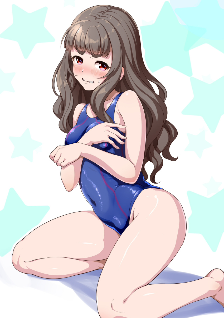 1girl, bangs, barefoot, blue_swimsuit, blunt_bangs, blush, breasts, brown_hair