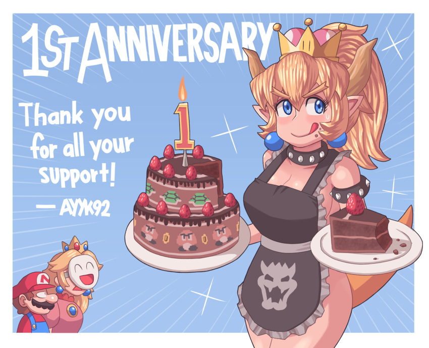 1boy, 2girls, adult, anniversary, annoyed, apron, ayyk92, birthday