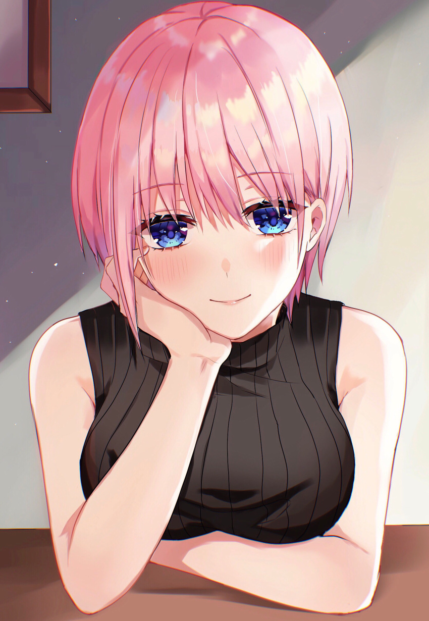 1girl, absurdres, arm_support, blue_eyes, blush, breasts, closed_mouth, commentary_request, go-toubun_no_hanayome, highres, indoors, large_breasts, looking_at_viewer, nakano_ichika, parum39, pink_hair, shiny, shiny_hair, shiny_skin, short_hair, sidelocks, smile, sweater, table, upper_body