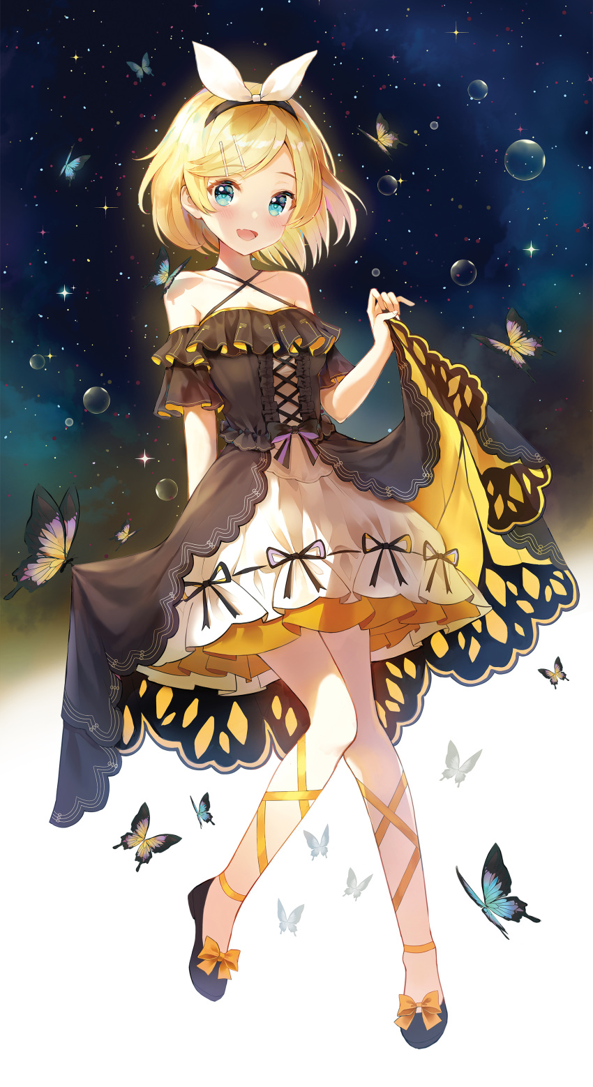 1girl, absurdres, bangs, bare_shoulders, black_dress, black_footwear, black_ribbon, blonde_hair, blue_eyes, blush, bow, bubble, bug, butterfly, butterfly_on_shoulder, collarbone, commentary, criss-cross_halter, dress, dress_bow, frilled_dress, frills, full_body, hair_bow, hair_ornament, hairband, hairclip, halter_dress, halterneck, hand_up, highres, holding_dress, insect, kagamine_rin, looking_at_viewer, night, night_sky, open_mouth, ribbon, ribbon-trimmed_clothes, ribbon_trim, shoe_bow, shoes, short_hair, sky, smile, solo, star_(sky), starry_sky, swept_bangs, vocaloid, white_bow, white_dress, yellow_bow, yuna_(deadawon)