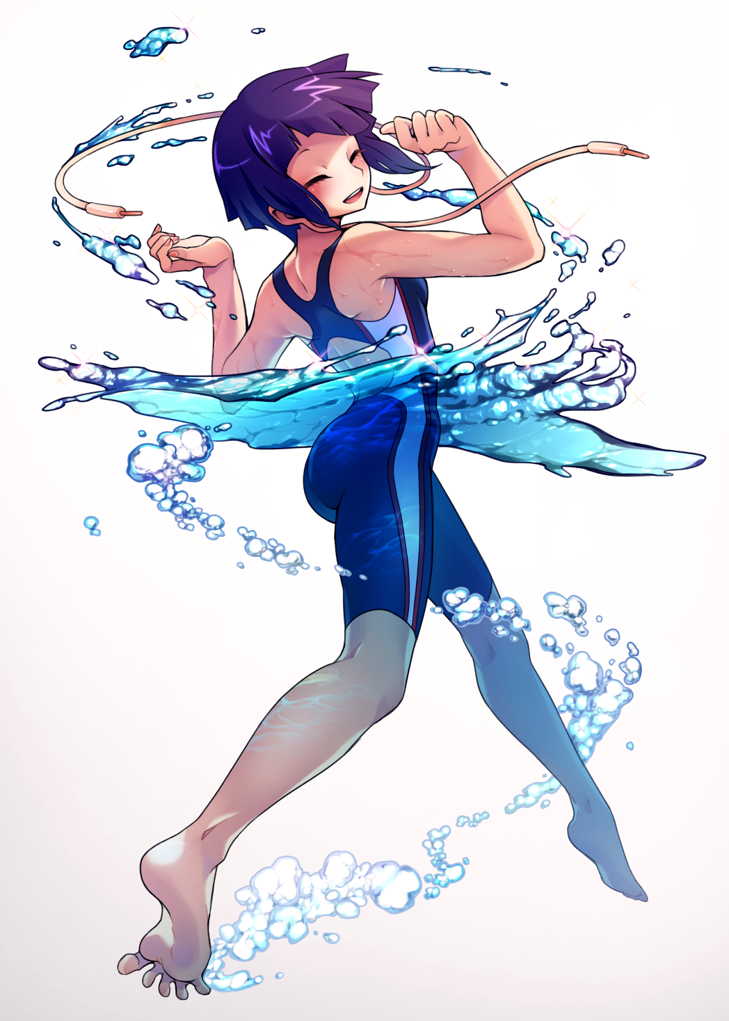 1girl, abiko_yuuji, ass, bangs, bare_arms, bare_shoulders, barefoot, blue_swimsuit