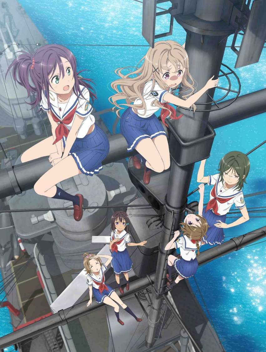 6+girls, bangs, beads, blue_eyes, blue_skirt, braid, braided_ponytail, brown_hair