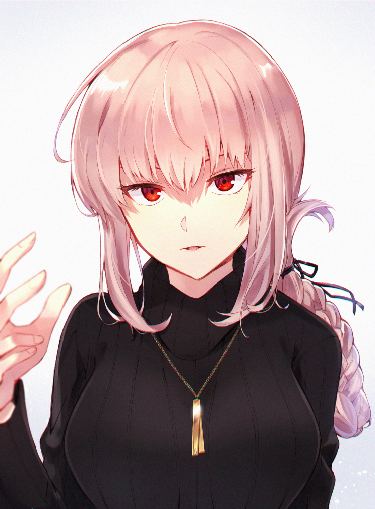 1girl, alternate_costume, braid, breasts, fate/grand_order, fate_(series), florence_nightingale_(fate/grand_order), itsumi_mita, jewelry, large_breasts, parted_lips, pendant, pink_hair, red_eyes, ribbed_sweater, sweater