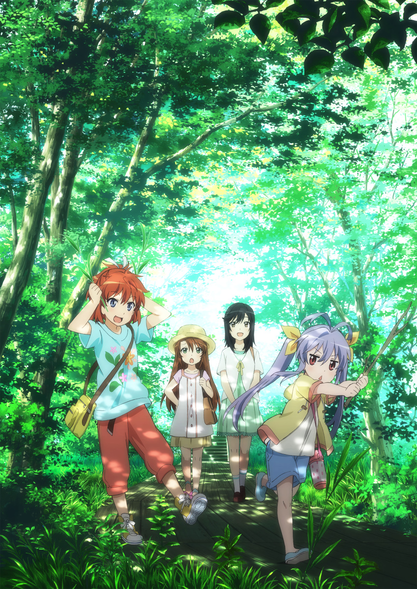 4girls, :d, absurdres, antenna_hair, arms_up, bag, bangs, belt