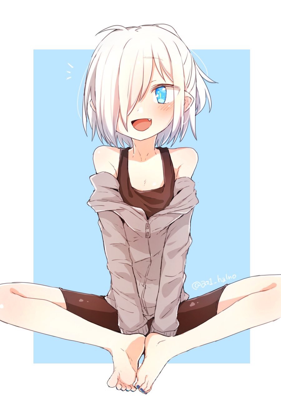 1girl, aqua_eyes, bare_legs, bare_shoulders, barefoot, blue_background, blush, butterfly_sitting