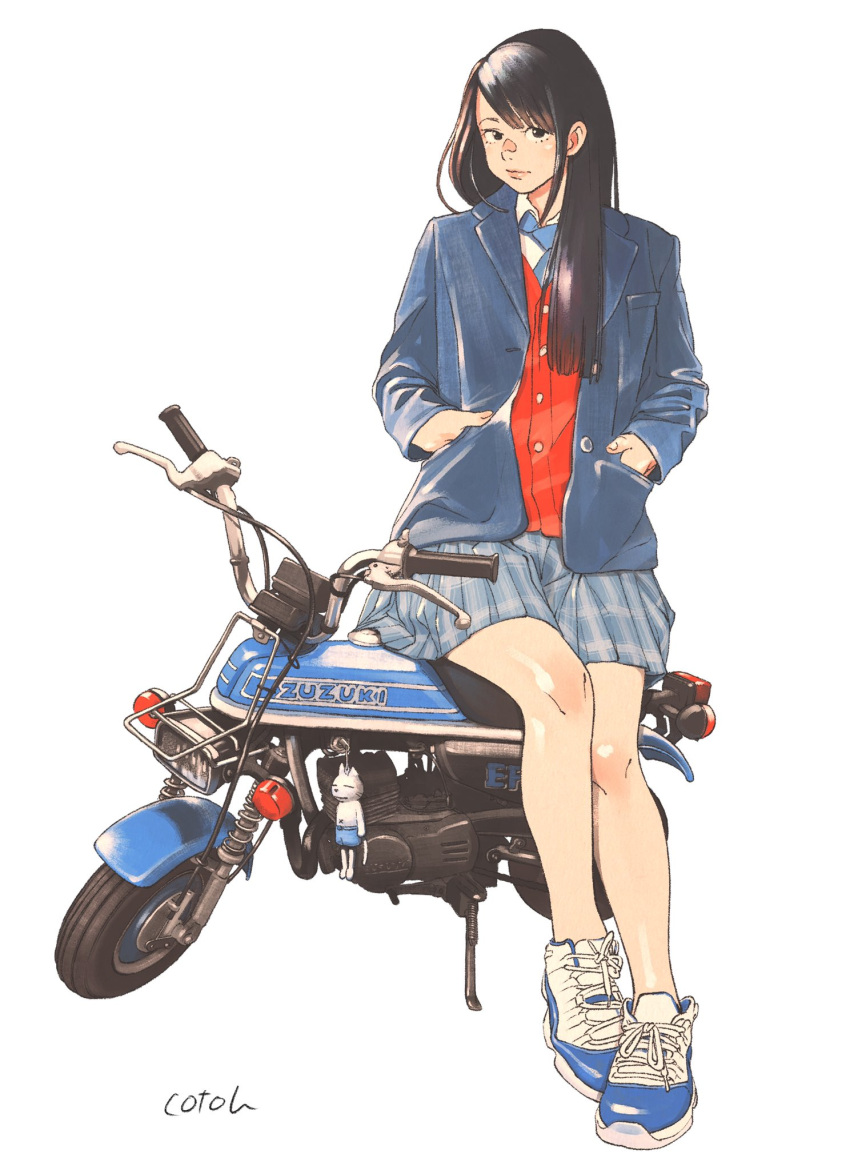 1girl, bangs, black_eyes, black_hair, blazer, blue_footwear, blue_neckwear, collared_shirt