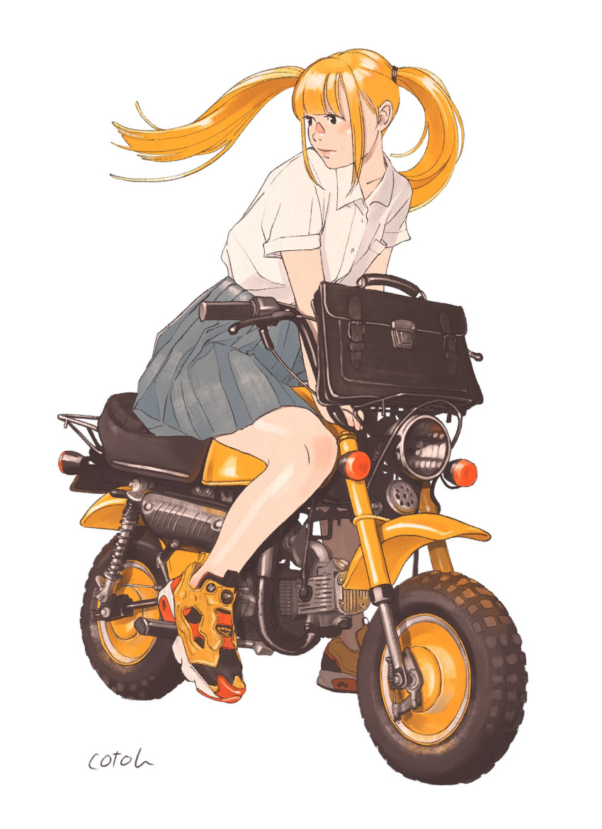 1girl, bag, bangs, black_bag, black_eyes, blonde_hair, blunt_bangs, collared_shirt