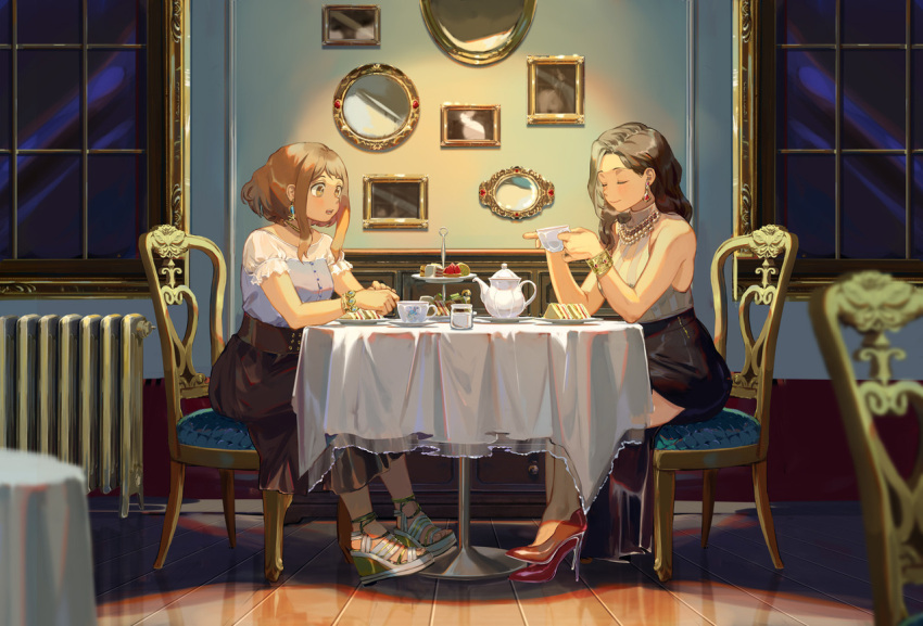 2girls, bare_shoulders, black_hair, boku_no_hero_academia, bracelet, brown_eyes, brown_hair, chair