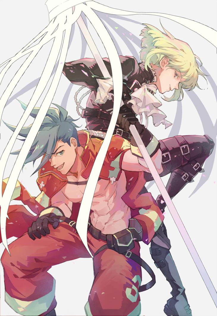 2boys, back-to-back, belt, biker_clothes, black_gloves, black_jacket, blue_eyes, blue_hair