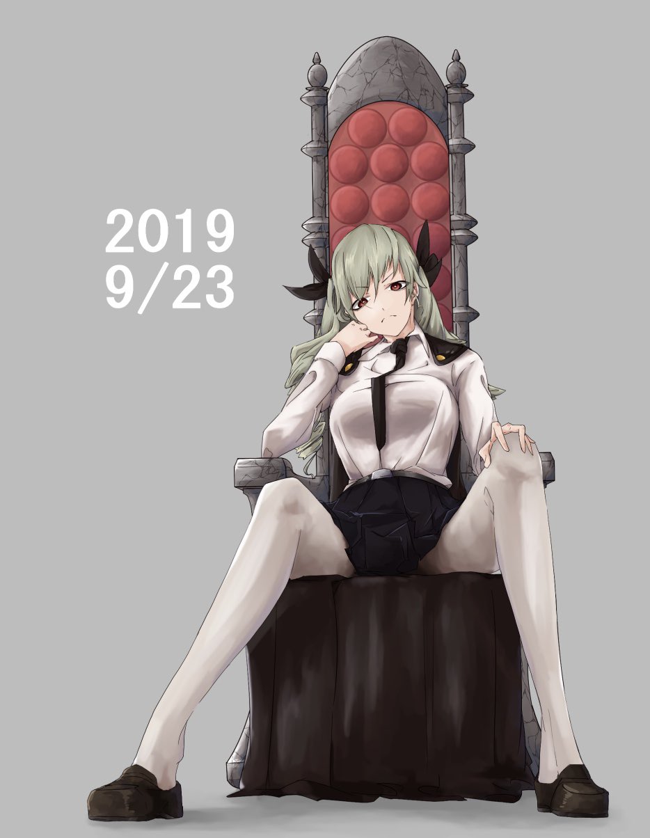 1girl, anchovy, anzio_school_uniform, chair, dated, drill_hair, girls_und_panzer, green_hair