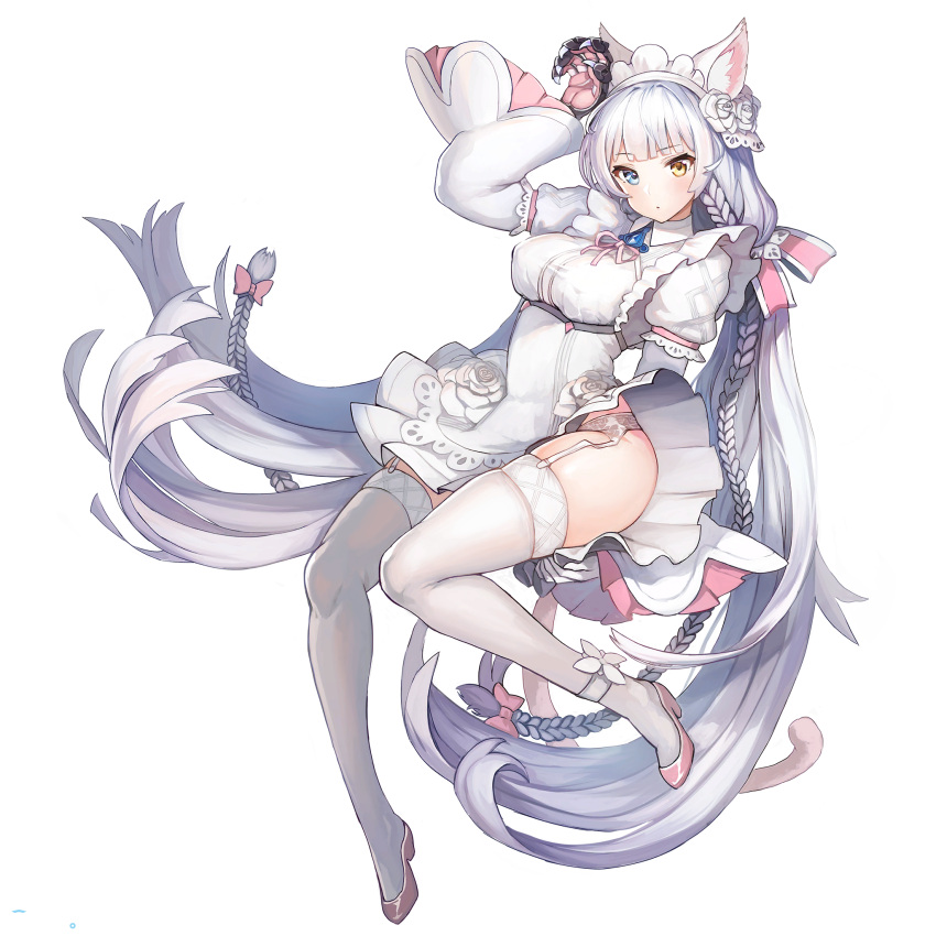 bangs, blue_eyes, blush, braid, breasts, cat_girl, cs_perrault_(last_origin), dress, eyebrows_visible_through_hair, full_body, garter_straps, high_heels, highres, last_origin, long_hair, looking_at_viewer, medium_breasts, official_art, open_mouth, short_dress, silver_hair, thigh-highs, transparent_background, twin_braids, very_long_hair, white_dress, white_legwear, yellow_eyes