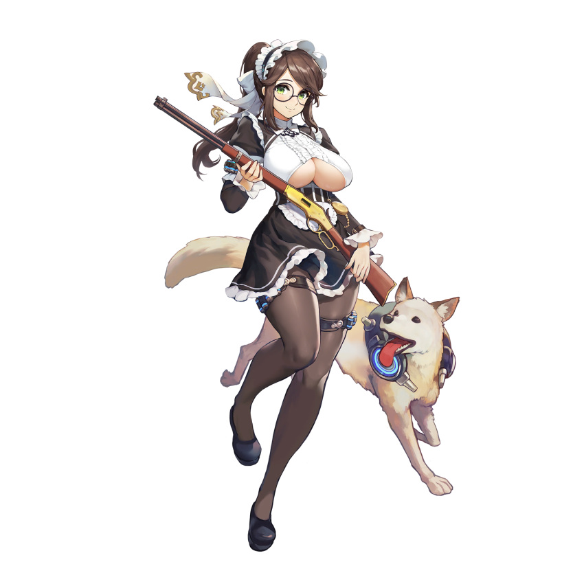 1girl, black_legwear, breast_cutout, brown_hair, constantia_s2, dog, dress, glasses, green_eyes, gun, highres, last_origin, looking_at_viewer, maid_dress, official_art, pantyhose, ponytail, rifle, round_eyewear, sidelocks, solo, transparent_background, underboob_cutout, weapon