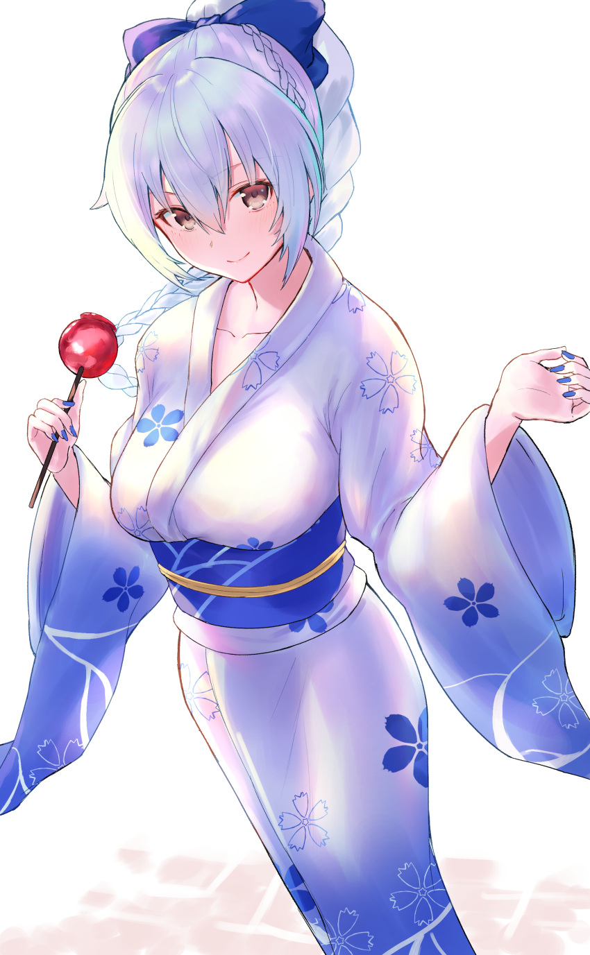 1girl, absurdres, alternate_costume, blue_nails, bow, braid, breasts, brown_eyes