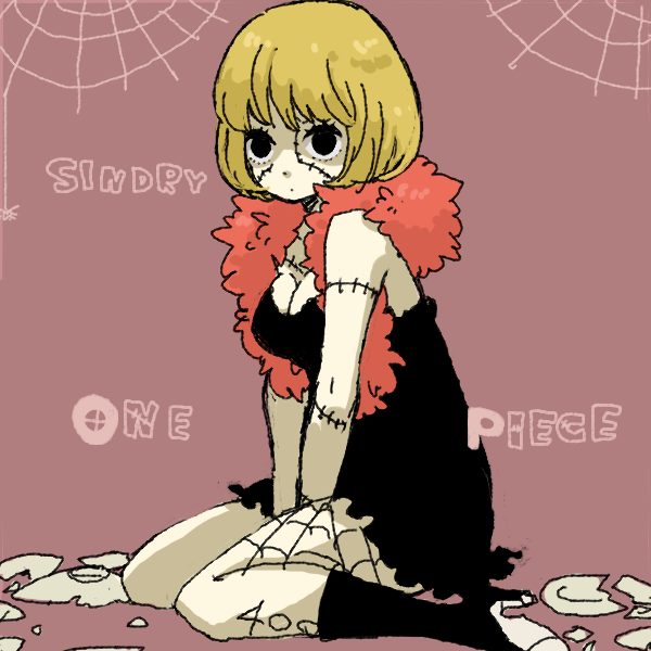 black_eyes, blonde_hair, character_name, cindry, kneeling, one_piece, patches, purple_background, short_hair, solo, spider_web, spiderweb, title_drop, victoria_cindry, yukke, zombie