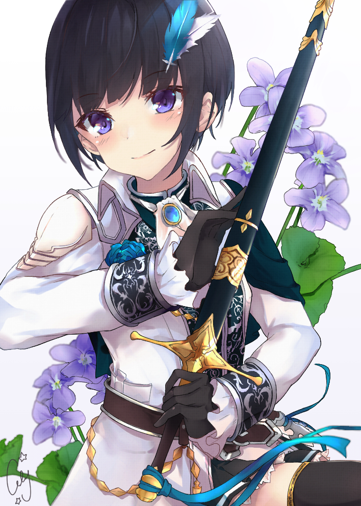 1girl, artist_name, ascot, balt, black_gloves, black_hair, blue_flower, blue_rose, bob_cut, brooch, capelet, check_flower, commentary_request, dear_knight, feathers, flower, gloves, hair_feathers, holding, holding_sword, holding_weapon, idolmaster, idolmaster_cinderella_girls, jewelry, leaf, looking_at_viewer, ramr2775, ribbon, rose, sheath, sheathed, shirayuki_chiyo, simple_background, smile, solo, sword, thigh-highs, violet_(flower), violet_eyes, weapon, white_background, white_coat