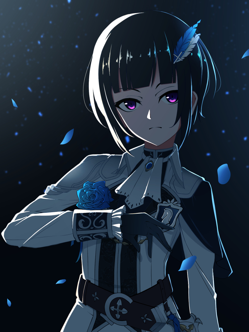 1girl, ascot, bangs, belt, black_gloves, black_hair, blue_flower, blue_petals
