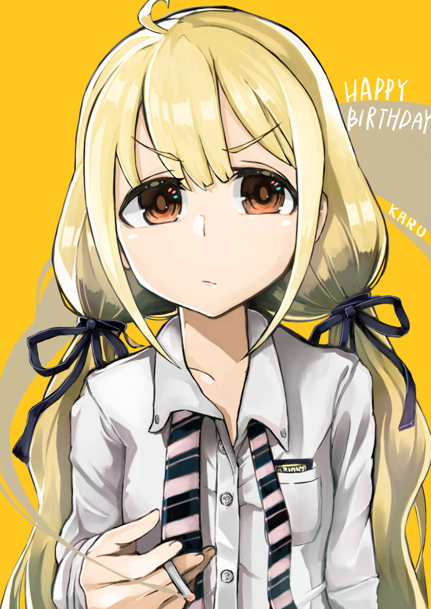 >:/, 1girl, alternate_costume, artist_name, blonde_hair, blue_ribbon, breast_pocket, cigarette
