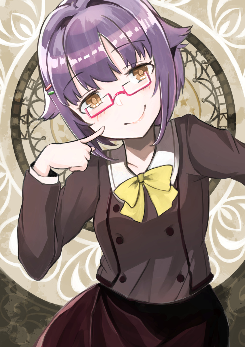1girl, art_nouveau, bespectacled, bow, brown_background, brown_eyes, character_name, commentary_request