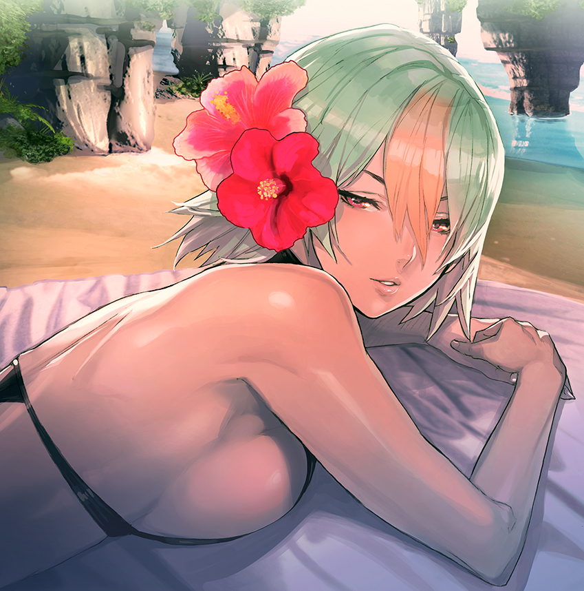 1girl, alternate_costume, back, bangs, bare_shoulders, beach, bikini, black_bikini