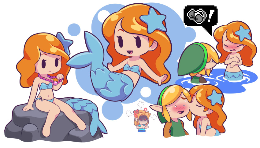 absurdres, anger_vein, angry, bikini, blonde_hair, blue_bikini, blush, cheek_kiss