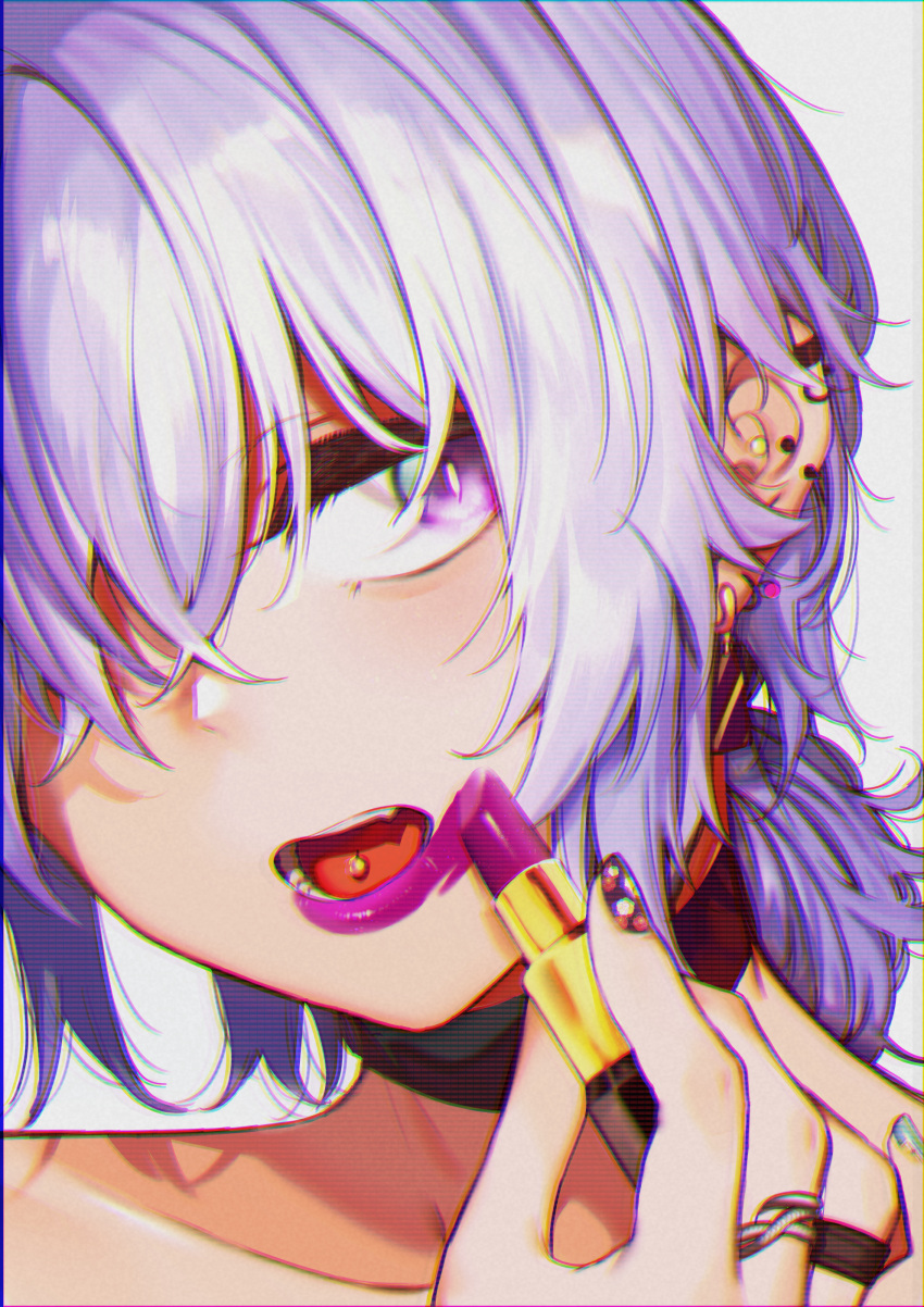 1girl, absurdres, akagi_asahito, applying_makeup, chromatic_aberration, ear_piercing, earrings, face