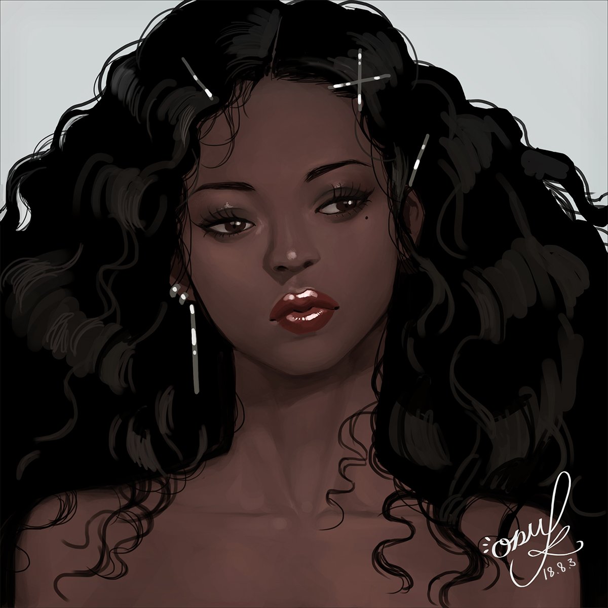 1girl, artist_name, black_hair, brown_eyes, commentary_request, curly_hair, dark_skin, dated