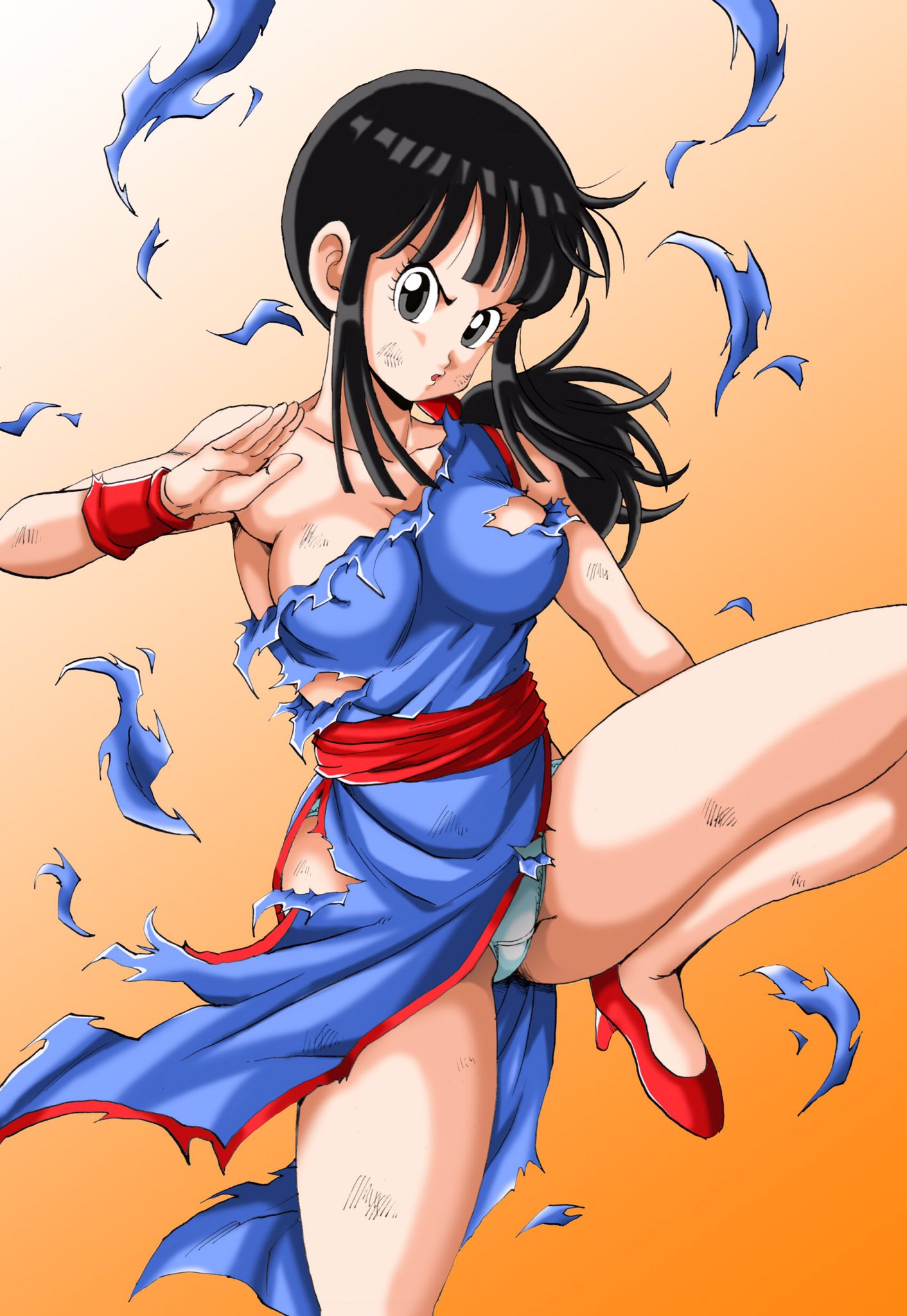 >:(, 1girl, arm_at_side, bangs, bare_arms, bare_legs, bare_shoulders, black_eyes, black_hair, blue_dress, breasts, chi-chi_(dragon_ball), china_dress, chinese_clothes, clothes_lift, collarbone, commentary_request, dirty, dirty_clothes, dirty_face, dragon_ball, dragon_ball_(classic), dress, fighting_stance, floating_hair, frown, gradient, gradient_background, high_heels, highres, large_breasts, leg_up, orange_background, panties, parted_lips, ponytail, red_footwear, simple_background, solo, standing, standing_on_one_leg, torn_clothes, torn_dress, underwear, v-shaped_eyebrows, white_background, white_panties, wind, wind_lift, wristband, youngjijii