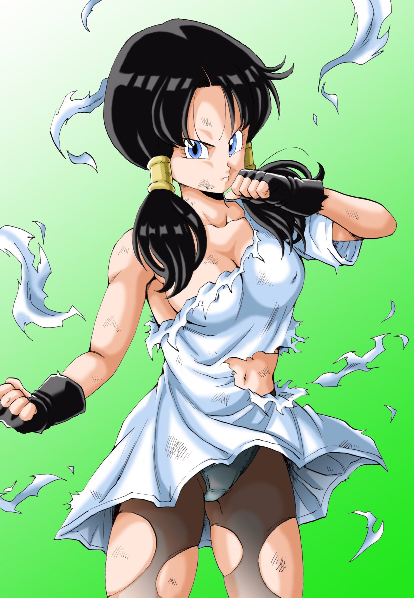 1girl, black_gloves, black_hair, black_legwear, blue_eyes, breasts, clenched_hands, closed_mouth, clothes_lift, collarbone, commentary_request, covered_nipples, cowboy_shot, dirty, dirty_clothes, dirty_face, dragon_ball, dragon_ball_z, eyelashes, fighting_stance, fingerless_gloves, frown, gloves, gradient, gradient_background, green_background, hand_to_own_mouth, highres, large_breasts, legs_apart, looking_at_viewer, midriff, navel, panties, pantyhose, shirt, simple_background, solo, standing, torn_clothes, torn_legwear, torn_shirt, twintails, underwear, v-shaped_eyebrows, videl, white_background, white_panties, white_shirt, wind, wind_lift, youngjijii