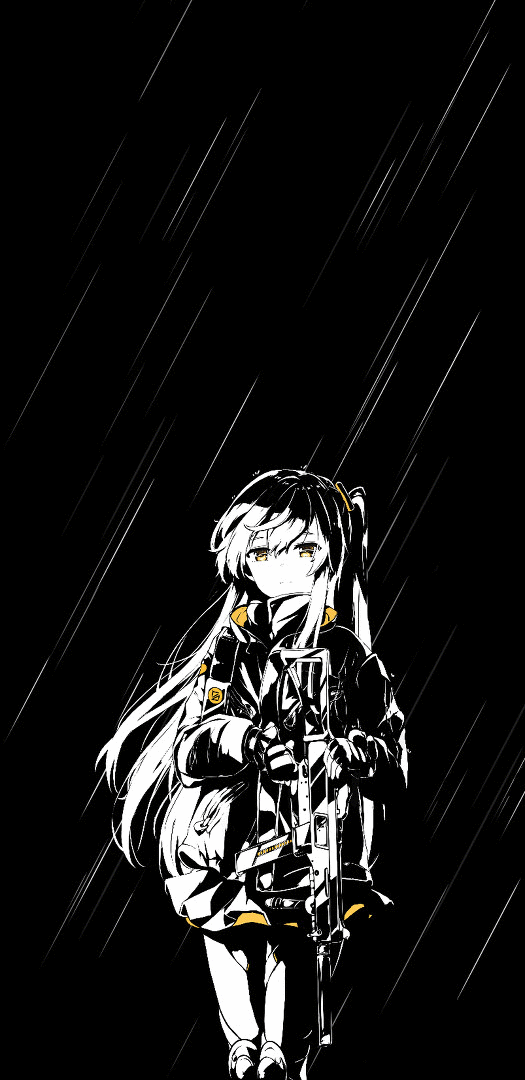 animated, animated_gif, breasts, closed_eyes, closed_mouth, eyebrows_visible_through_hair, fingerless_gloves, girls_frontline, gloves, hair_between_eyes, hair_ornament, jacket, knee_guards, looking_at_viewer, monochrome, open_eyes, rain, scar, scar_across_eye, side_ponytail, skirt, small_breasts, smile, ump45_(girls_frontline), weapon