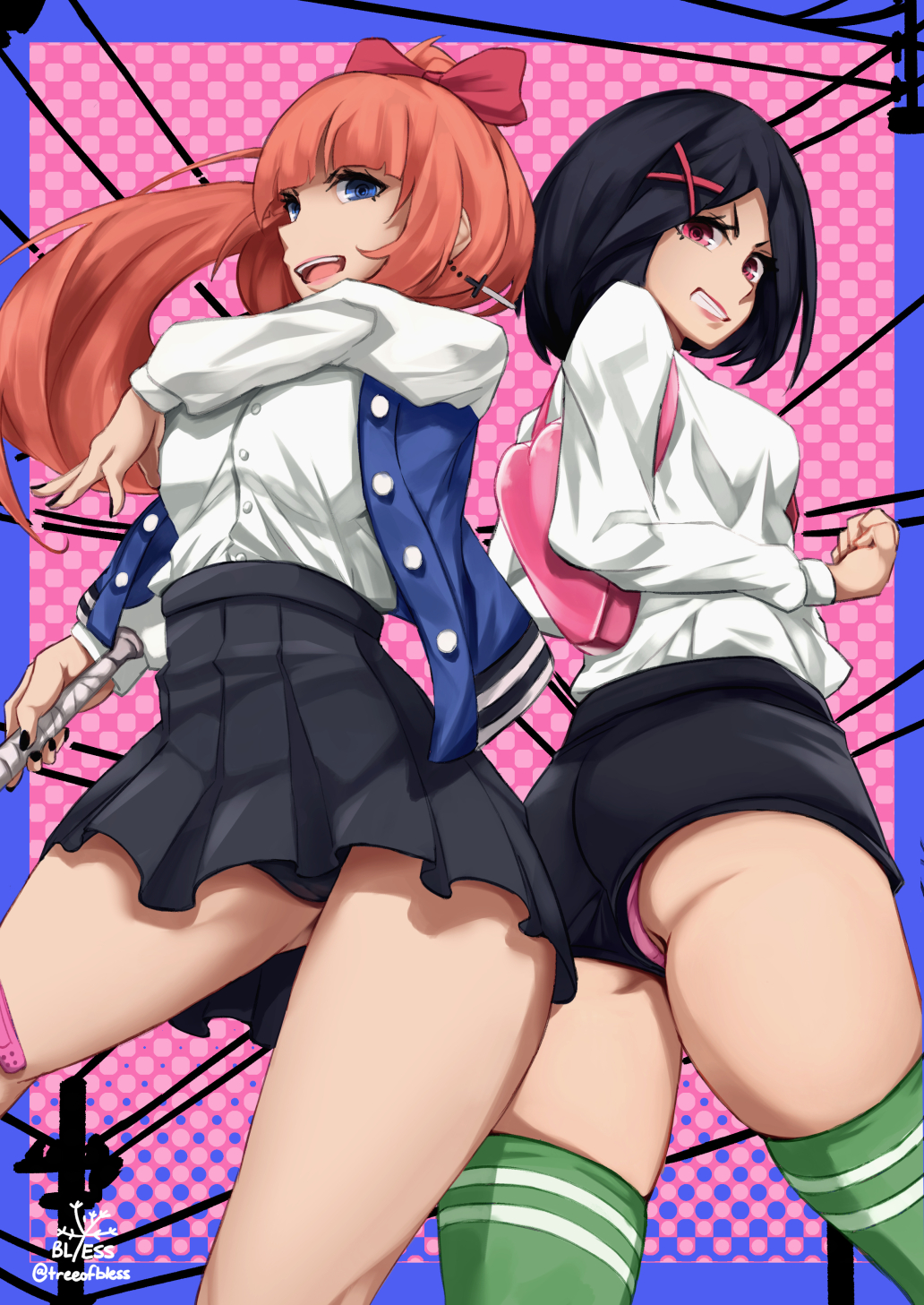 2girls, ass, bag, baseball_bat, black_hair, black_panties, blue_eyes, hair_ornament