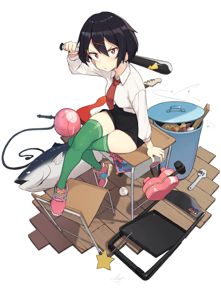 1girl, absurdres, arm_support, backpack, bag, baseball, baseball_bat, black_hair