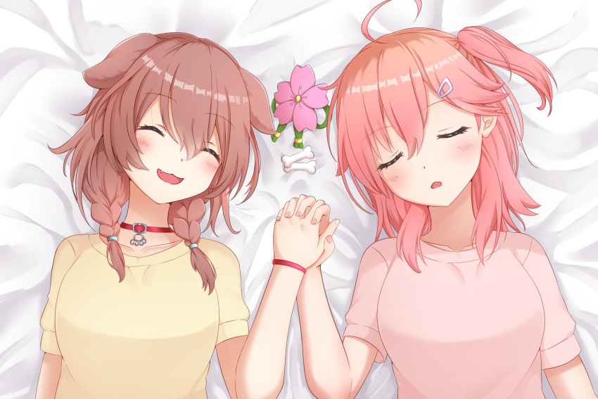 2girls, :3, ahoge, alternate_costume, animal_ears, bangs, blush, bone_hair_ornament