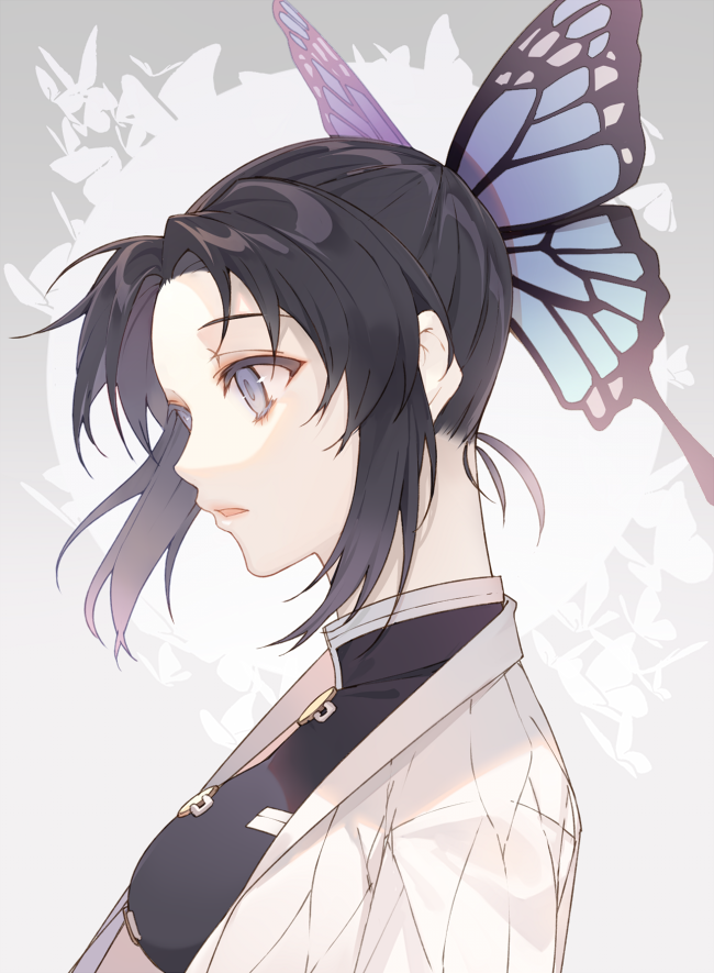 1girl, bangs, black_hair, black_jacket, breasts, butterfly_hair_ornament, commentary_request, eyebrows_behind_hair