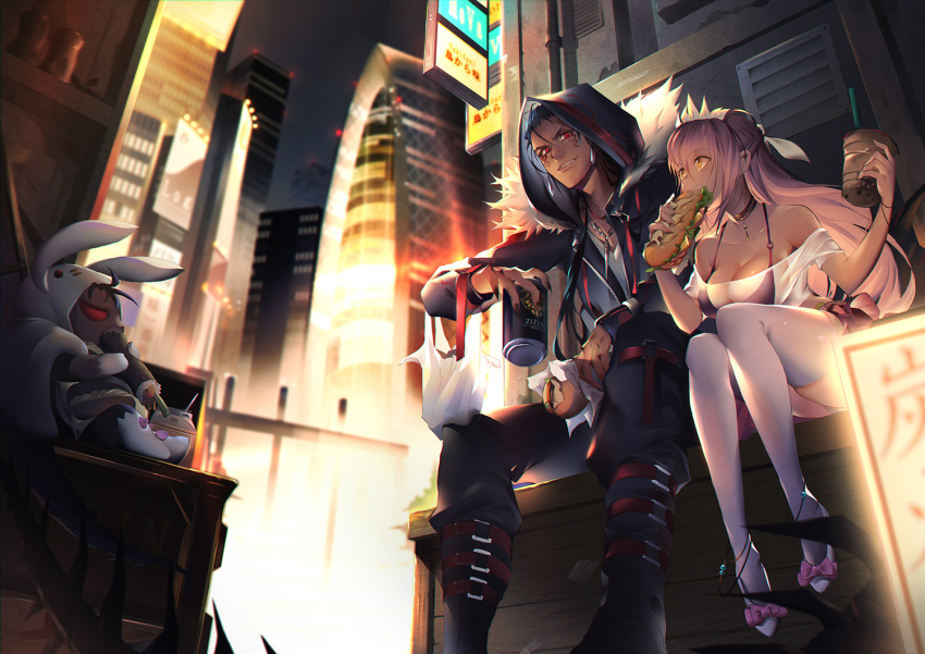 1boy, 1girl, alley, blue_hair, city, cu_chulainn_alter_(fate/grand_order), eating, fate/grand_order, fate_(series), fingernails, food, jizero, lancer, long_hair, looking_at_another, medb_(fate)_(all), medb_(fate/grand_order), mini_cu-chan, pink_hair, red_eyes, sandwich, sharp_fingernails, sharp_teeth, sitting, smile, teeth, yellow_eyes