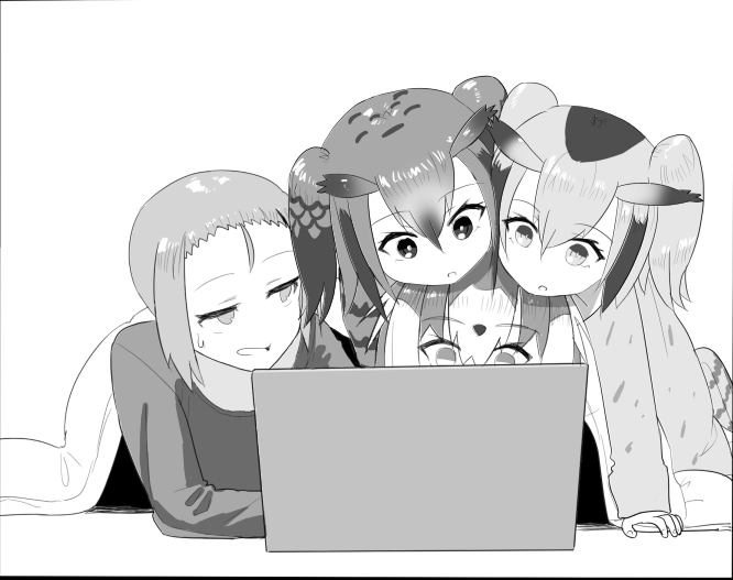 4girls, animal_ears, autism_wanderer, computer, contemporary, eurasian_eagle_owl_(kemono_friends), greyscale, kemono_friends