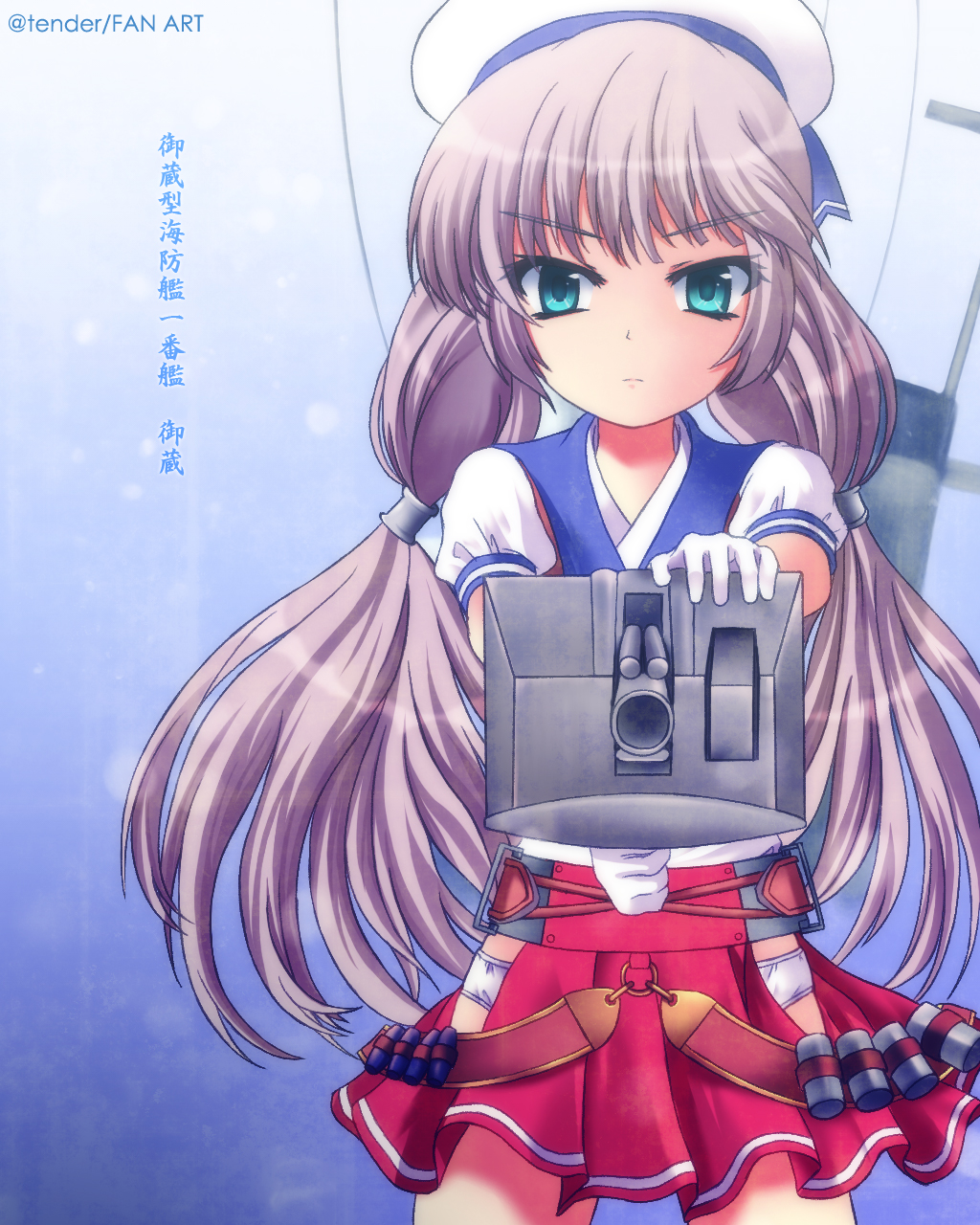 1girl, adapted_turret, blue_background, blue_sailor_collar, cannon, commentary_request, cowboy_shot, gloves