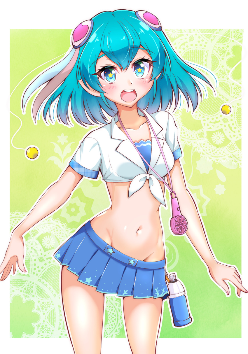1girl, alternate_costume, blue_eyes, blue_hair, blue_skirt, bottle, collarbone, commentary_request, eyebrows_visible_through_hair, groin, hagoromo_lala, hair_ornament, highres, kaatsukun, looking_at_viewer, midriff, navel, open_mouth, pleated_skirt, precure, short_hair, short_sleeves, skirt, solo, star, star-shaped_pupils, star_twinkle_precure, symbol-shaped_pupils
