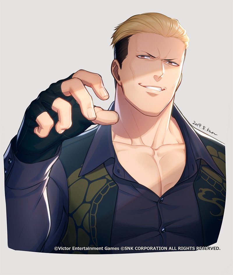 1boy, black_hair, blonde_hair, evil_grin, evil_smile, fatal_fury, fingerless_gloves, frown