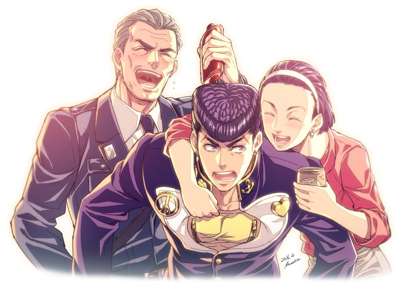 1girl, 2boys, alcohol, beer, blush, bottle, drunk, family