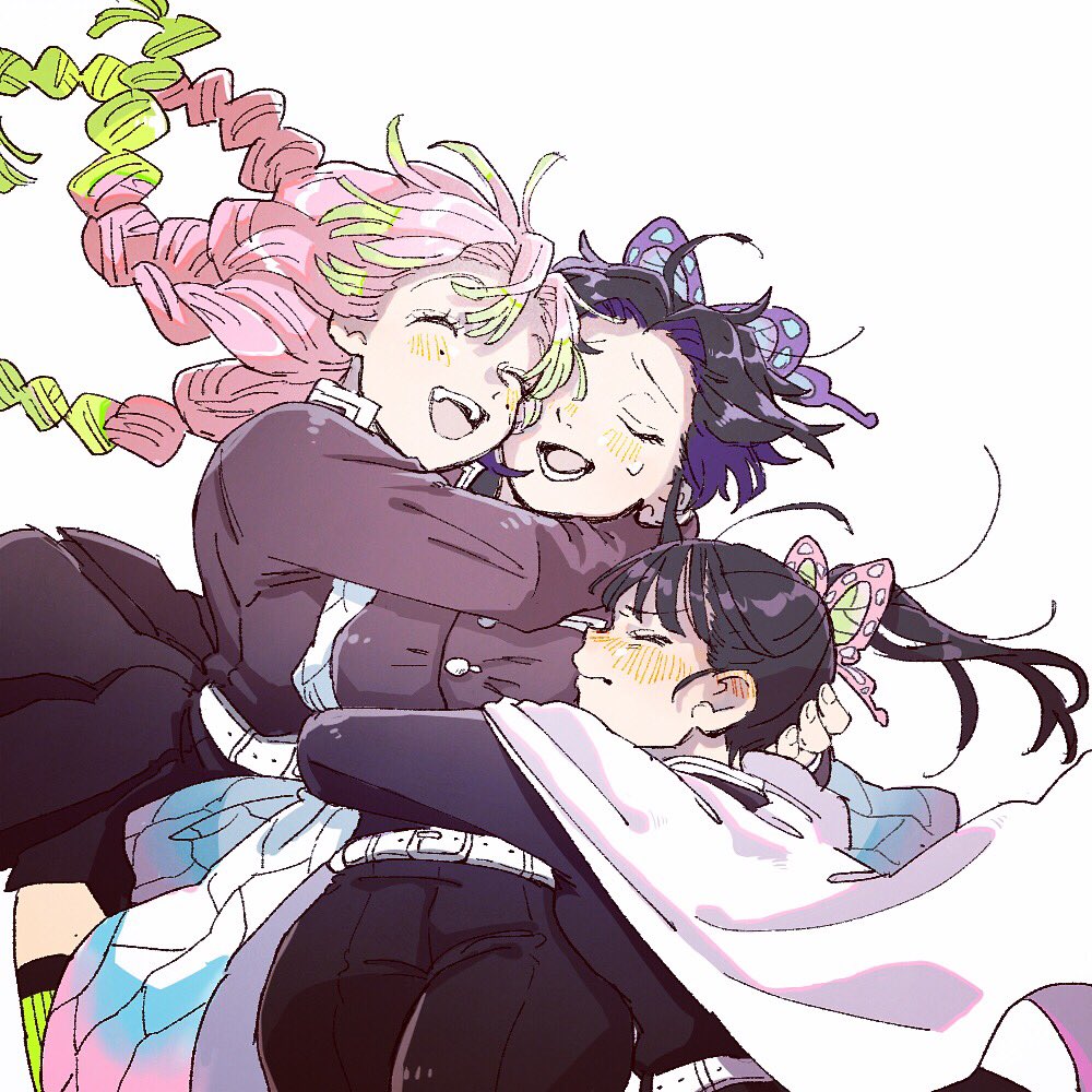 3girls, animal_print, belt, black_hair, black_pants, black_skirt, blush, breasts, butterfly_hair_ornament, butterfly_print, closed_eyes, coat, cowboy_shot, ear_blush, gradient_hair, green_hair, green_legwear, hair_ornament, haori, hug, japanese_clothes, kanroji_matsuri, kimetsu_no_yaiba, kochou_shinobu, long_hair, long_sleeves, mame_(ballet2604), medium_breasts, miniskirt, mole, mole_under_eye, multicolored_hair, multiple_girls, open_mouth, pants, pink_hair, pleated_skirt, purple_hair, ribbed_legwear, short_hair, side_ponytail, simple_background, skirt, smile, sweatdrop, thigh-highs, thighs, tri_braids, tsuyuri_kanao, two-tone_hair, uniform, white_background, wide_sleeves, zettai_ryouiki