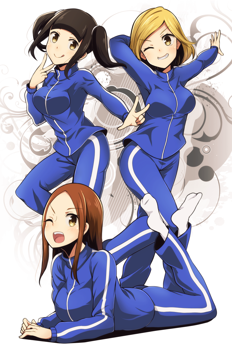 3girls, ;), ;d, back_street_girls:_gokudolls, bangs, black_hair, blonde_hair, blue_pants, blunt_bangs, breasts, brown_eyes, brown_hair, highres, jacket, jersey, licking_lips, long_sleeves, lying, medium_breasts, multiple_girls, on_stomach, one_eye_closed, open_mouth, pants, parted_bangs, pose, short_twintails, smile, socks, standing, suguhara_chika, tachibana_mari, tom_(drpow), tongue, tongue_out, track_jacket, track_suit, twintails, v, white_background, white_footwear, yamamoto_airi