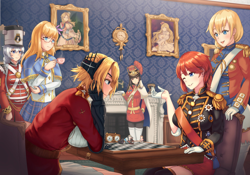 6+girls, black_legwear, blonde_hair, blue_eyes, board_game, boots, capelet, chair