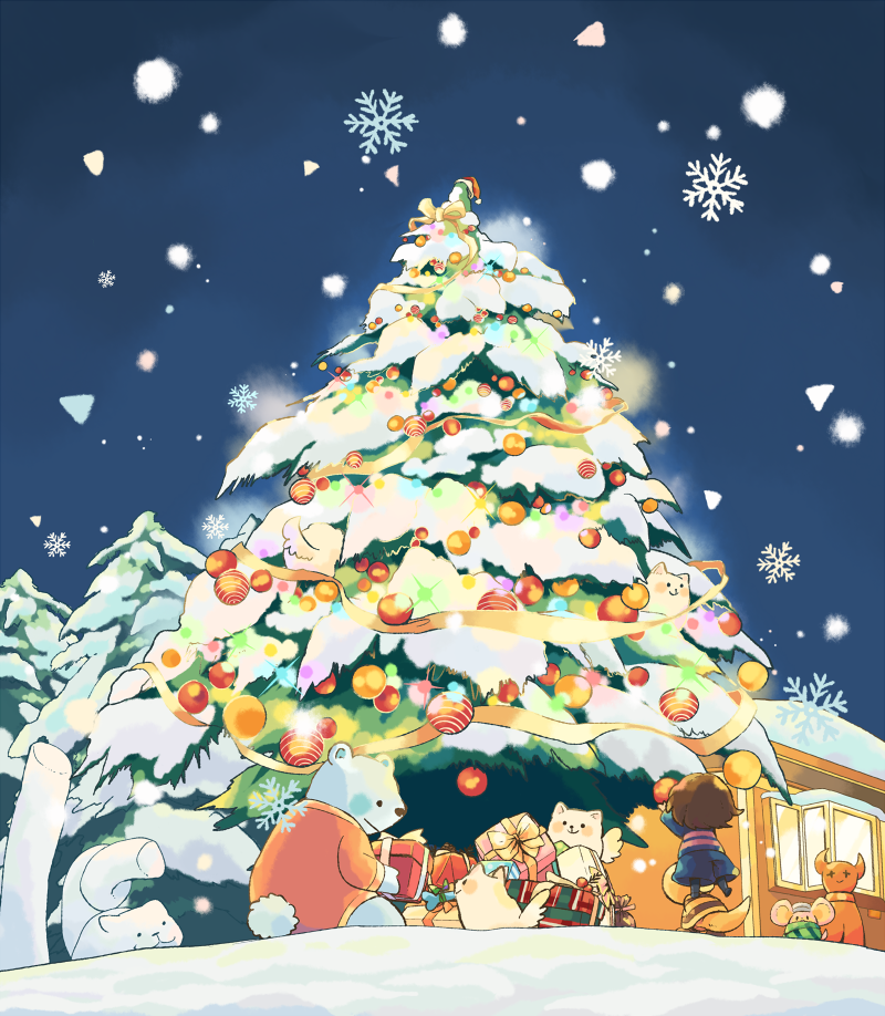 androgynous, annoying_dog, ball, bear, bow, box, chibi, christmas_ornaments