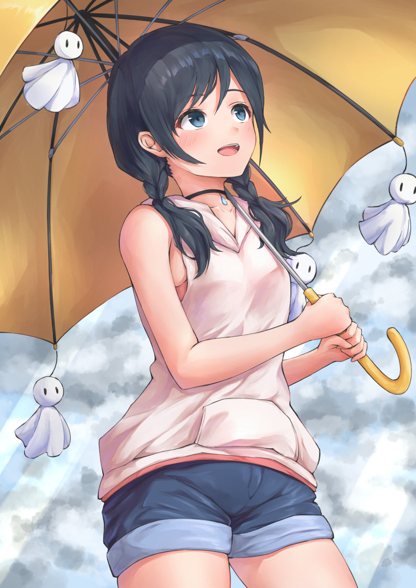 1girl, absurdres, amano_hina_(tenki_no_ko), b7669726, bangs, bare_arms, bare_shoulders, black_hair