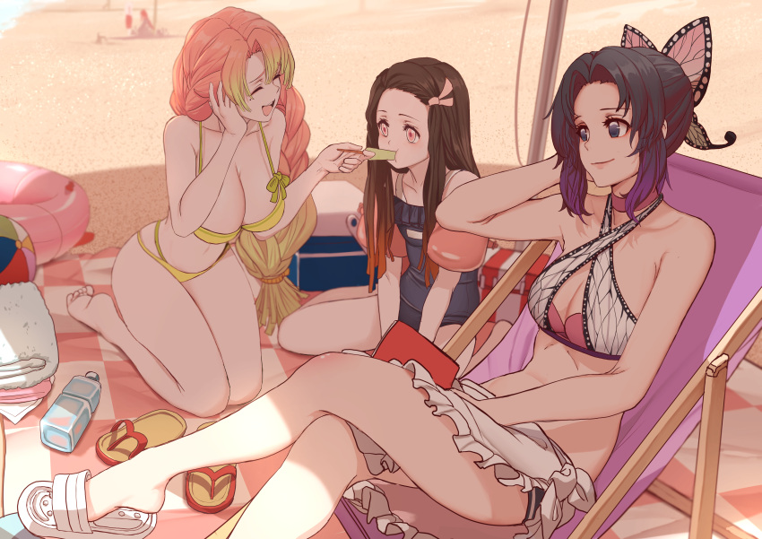 3girls, absurdres, beach, bikini, breasts, butterfly_hair_ornament, dishwasher1910, hair_ornament, highres, kamado_nezuko, kanroji_matsuri, kimetsu_no_yaiba, kochou_shinobu, large_breasts, long_hair, mole, mole_under_eye, multicolored_hair, multiple_girls, swimsuit, two-tone_hair