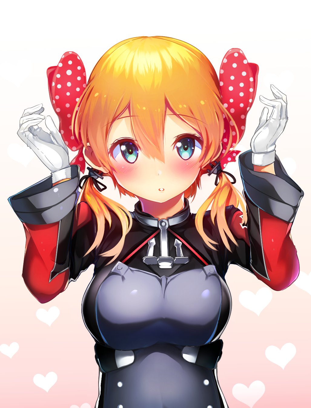 1girl, aqua_eyes, blonde_hair, blush, bow, breasts, cosplay, gloves