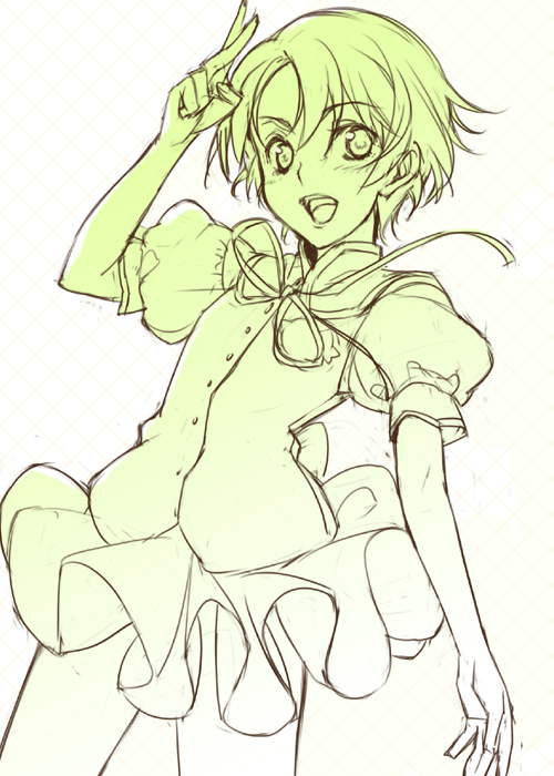 crossed_fingers, mizuki_makoto, monochrome, period, period_(game), ribbon, sawatari_aoi, school_uniform